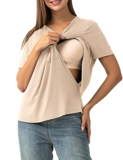 SUNNYBUY Womens Nursing Tops Breastfeeding Cover Short Sleeves Maternity Tee Shirts Double Layer Postpartum Clothes Apricot S